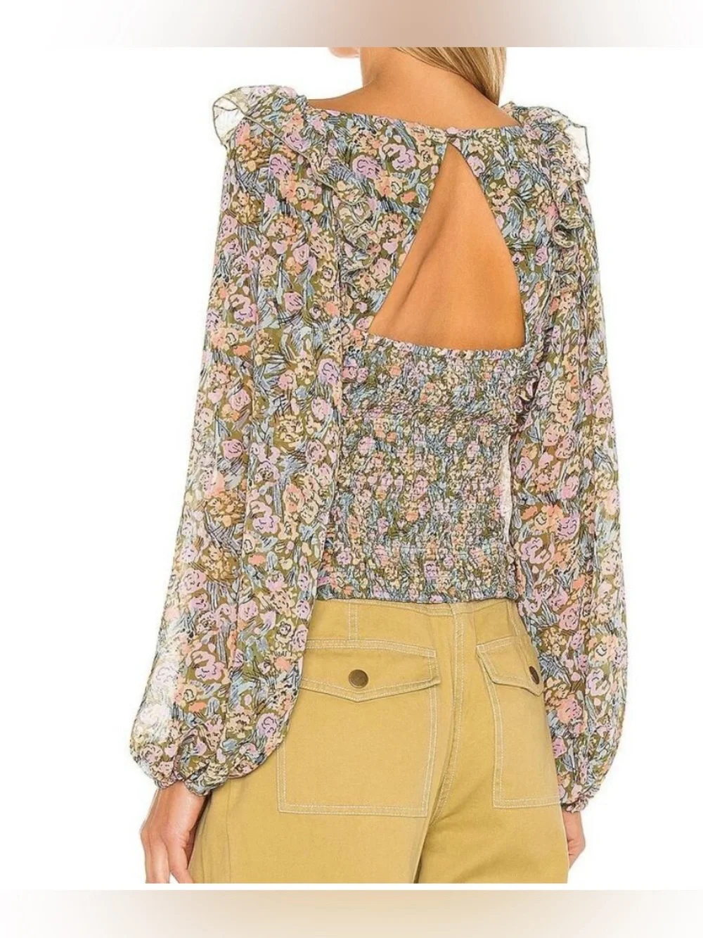 Free People Olive Green and Pink Floral Long Sleeve Ruched Blouse - Size S